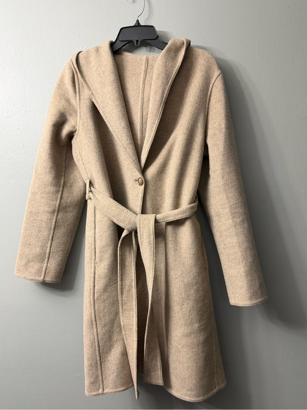 uniqlo tan button front belted  hooded coat Womens Belted Wool-Blend large - Picture 2 of 6